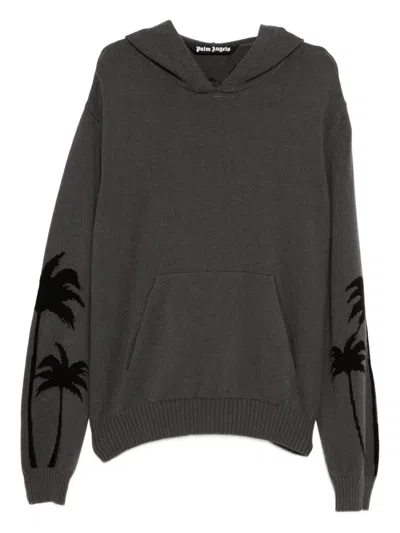Palm Angels Palm-print Hooded Jumper In Gray