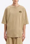 Palm Angels Beige Cotton T-shirt With Palm Print And Logo In Beige