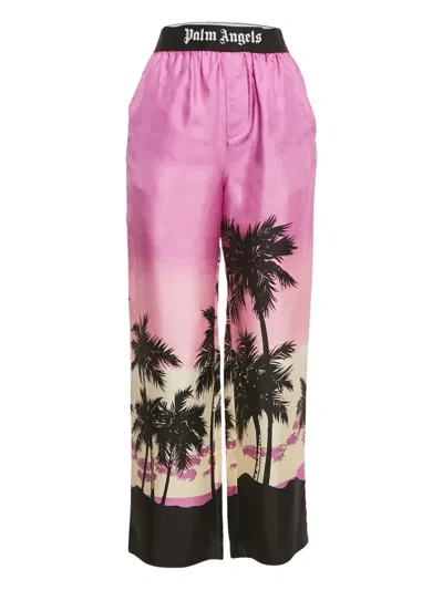 Pre-owned Palm Angels Palm-print Satin Trousers In Pink