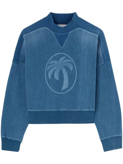 Palm Angels Oval Palm Lasered Crewneck Sweatshirt In 4940 Indigo Blue - Light Blue