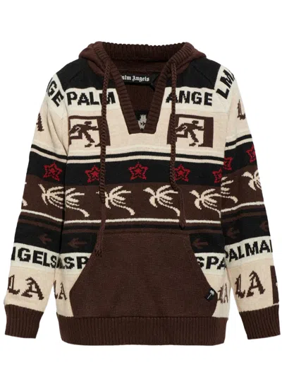 Palm Angels Palm Shadow Jacquard Wool-blend Loose Knit Hoodie In Multi