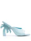 PALM ANGELS PALM ANGELS PALM TREE BLUE MULES WITH PALM TREE-SHAPED HEEL IN LEATHER WOMAN