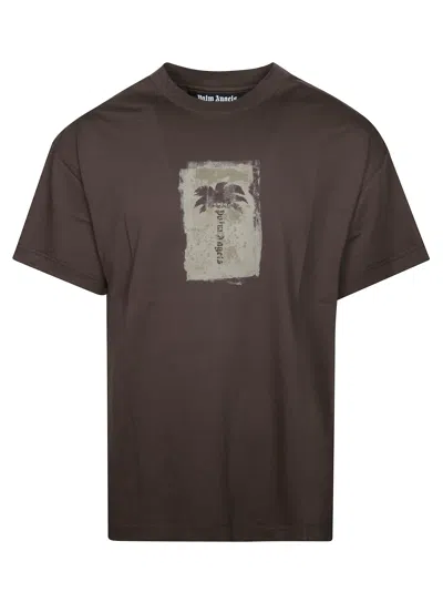 Palm Angels Palm Tree Brushed Graphic Regular T-shirt For Men In Brown