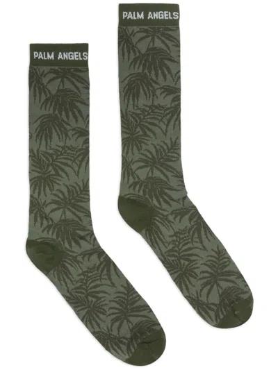Palm Angels Jacquared Palms Socks In 5603 Military Green - Off White