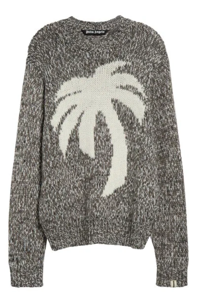 Palm Angels Palm Tree Marled Intarsia Sweater In Melange Grey Off White