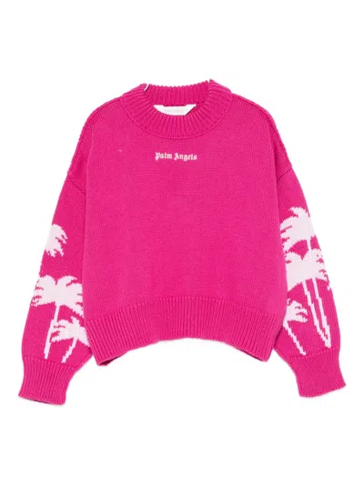 Palm Angels Kids' Palm-tree-pattern Wool Sweater In Pink