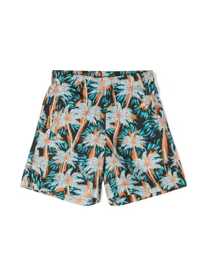 Palm Angels Kids' Palm Tree-print Cotton Shorts In Black