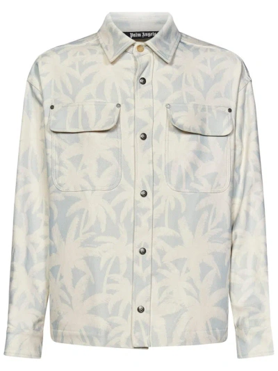 Palm Angels Palm Tree Printed Overshirt In Blue
