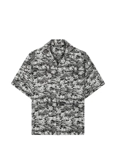 Palm Angels Palm Waves Linen Bowling Shirt In Black