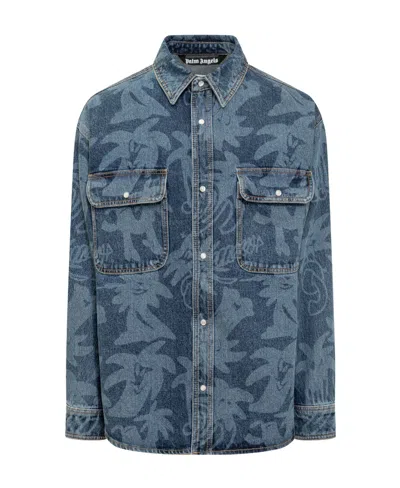 Palm Angels Palmity Laser-print Denim Shirt In Blue