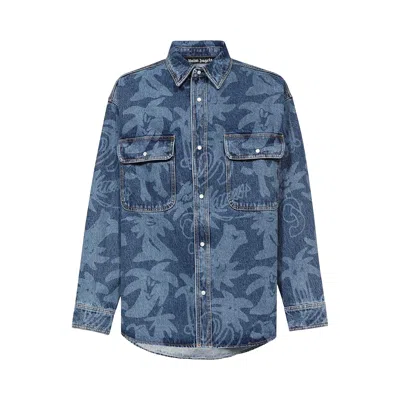 Pre-owned Palm Angels Palmity Laser Print Denim Shirt 'light Blue'