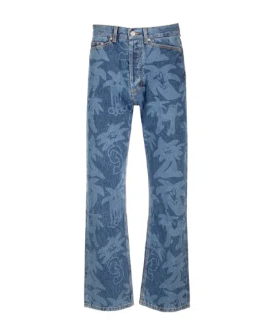 Palm Angels Palmity Palm Tree-print Jeans In Blue