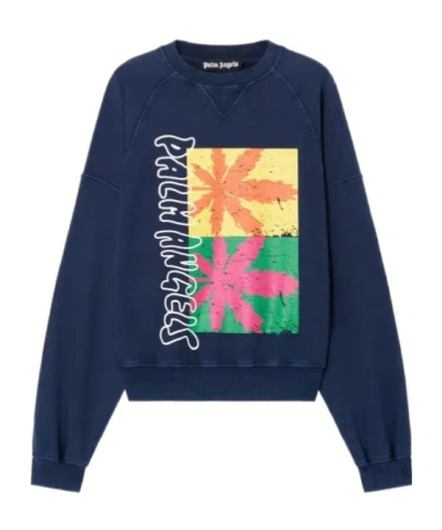 Palm Angels Palm Leaf Reglan Loose Sweatshirt In Blue