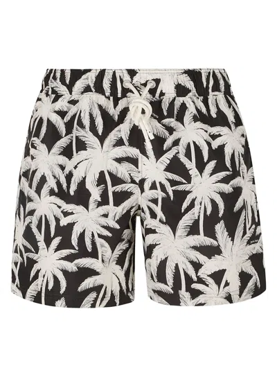 Palm Angels Palms All-over Swim Shorts In Black/off White