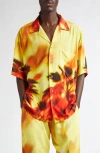 Palm Angels Abstract-print Notched-collar Shirt In Yellow Red