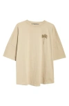 Palm Angels Beige Cotton T-shirt With Palm Print And Logo In Beige - Beige
