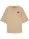 Palm Angels Beige Cotton T-shirt With Palm Print And Logo In Beige