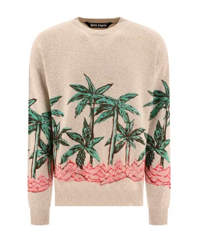 Palm Angels Palms Row-printed Knitted Jumper In Nude