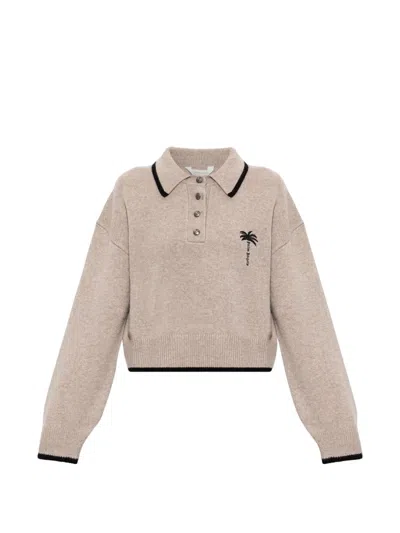 Palm Angels Palm-tree Embroidery Polo Sweater In Brown