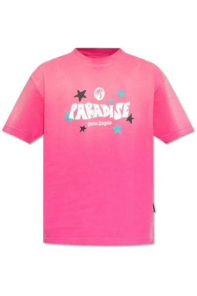 Palm Angels Paradise Printed Crewneck T-shirt In Fuchsia Off White