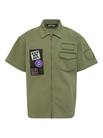 Palm Angels Khaki Military Patch Zipped Shirt In Green