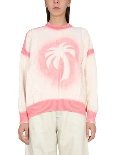 Palm Angels Patent Leather Effect Palm Print Sweater In White
