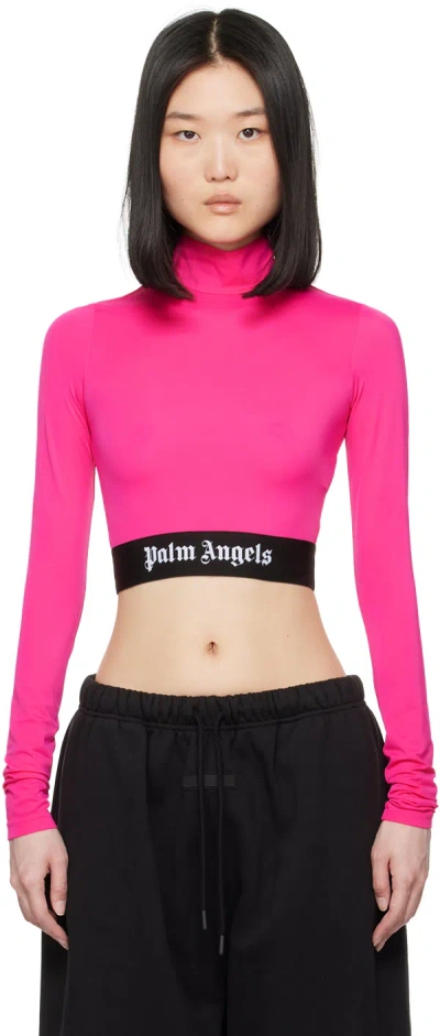 Palm Angels Pink Cropped Long Sleeve T-shirt In Fuchsia Bl