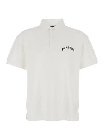 PALM ANGELS WHITE POLO SHIRT WITH LOGO LETTERING ON FRONT AND REAR IN COTTON PIQUET MAN