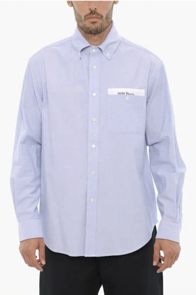 Palm Angels Piquet Cotton Button Down Shirt With Breast Pocket In Blue