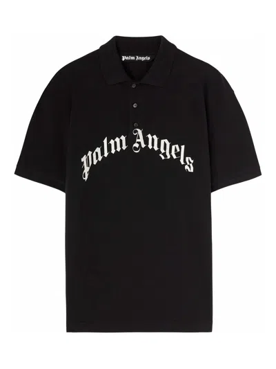 Palm Angels Curved Logo Embroidered Polo Shirt In Black