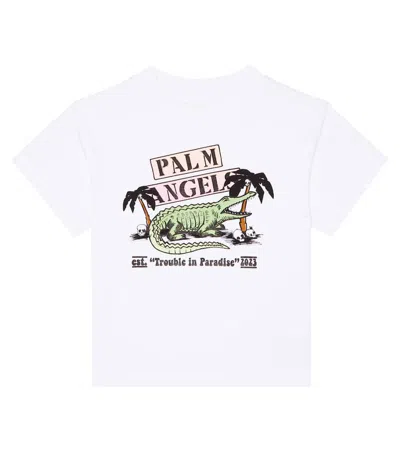 Palm Angels Kids' Bedrucktes T-shirt Aus Baumwoll-jersey In White Light