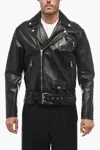 Palm Angels Printed Logo Sleek Leather Biker Jacket In Black