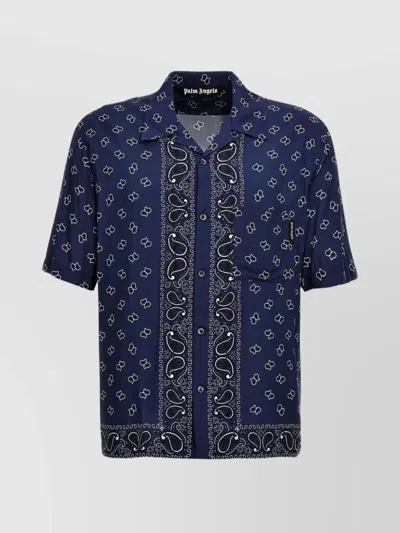 Palm Angels 'printed Pocket Short Sleeve Collared Shirt' In Blue