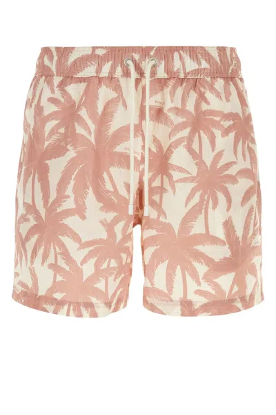 Palm Angels Printed Polyester Swimming Shorts In Bianco Rosa