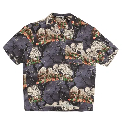 Palm Angels Purple And Black Allover Skull Bowling Shirt In Multi