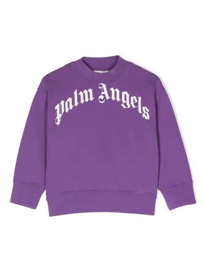 Palm Angels Kids' Purple Crew Neck Sweatshirt With Curved Logo