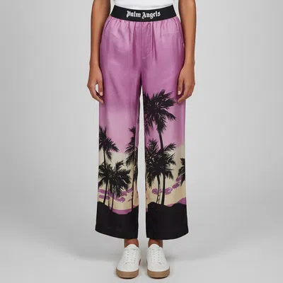 Pre-owned Palm Angels Purple Printed Satin Elasticated Wide Leg Pants S