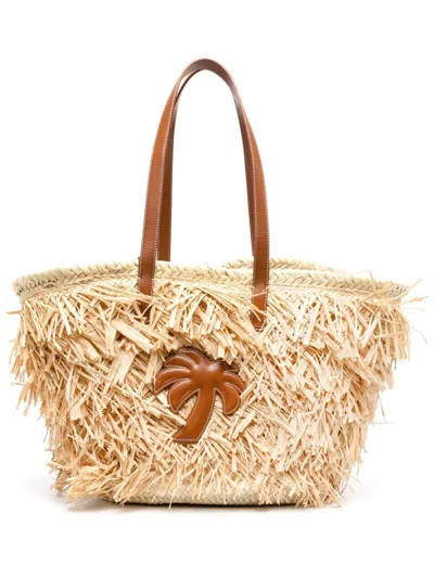 Palm Angels Palm-appliqué Raffia Tote Bag In Beige