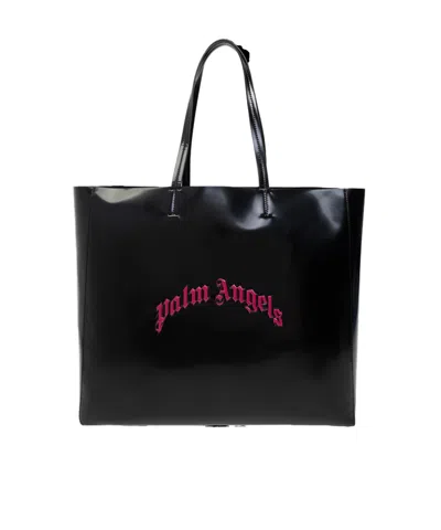 Palm Angels Curved Logo Printed Shopper Bag In Black