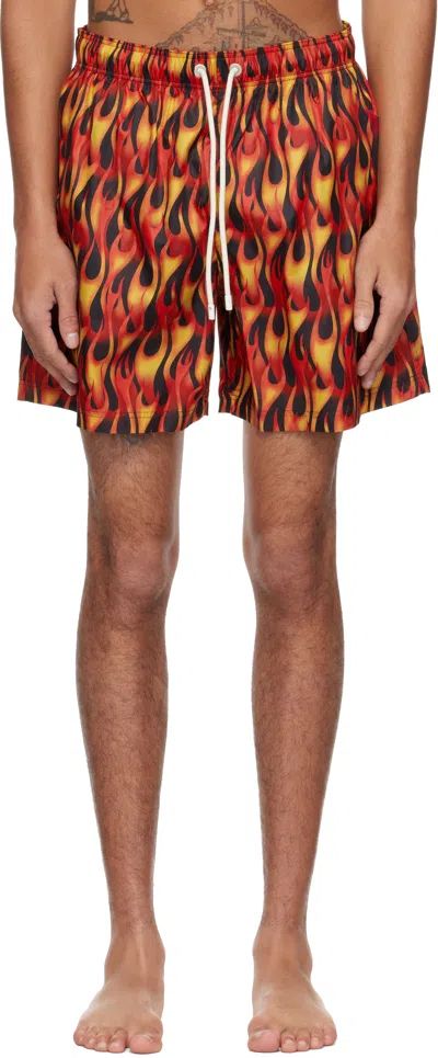 Palm Angels Red Flames Swim Shorts In Red - Yellow