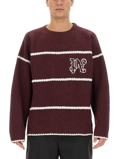 Palm Angels Regular Fit Monogram Striped Sweater Size L In Maroon