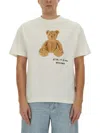 Palm Angels Bear In Mind White T-shirt With Bear Print And Logo Lettering On The Front In Cotton Man In White