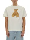 Palm Angels Bear In Mind White T-shirt With Bear Print And Logo Lettering On The Front In Cotton Man