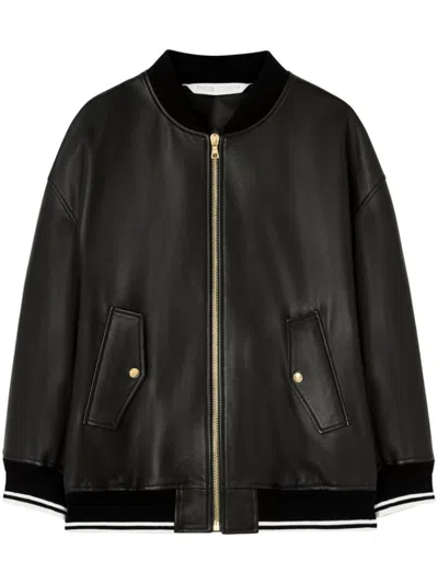 Palm Angels Leather College Bomber Jacket In Black