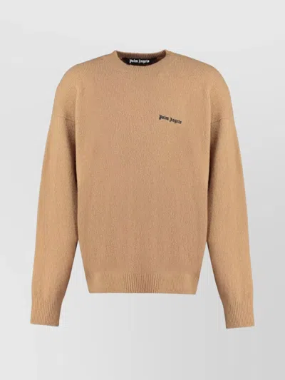 Palm Angels Ribbed Crew-neck Logo Sweater With Long Sleeves In Brown