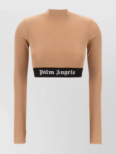 Palm Angels Ribbed Stretch Polyester Cropped Top In Brown