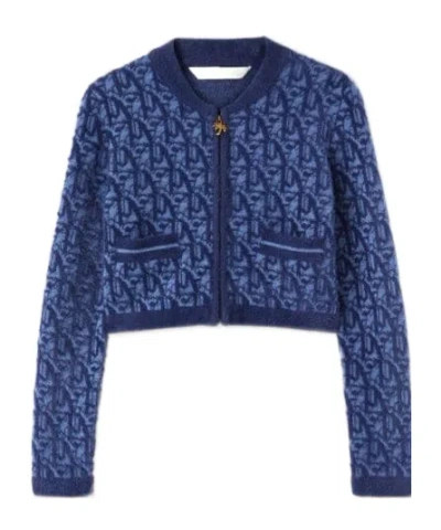 Palm Angels Round-collar And Long-sleeved Knitted Cardigan In Blue
