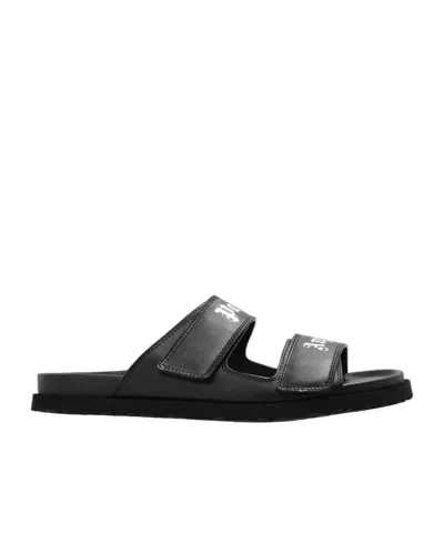 Palm Angels Leather Slides With Logo In Black