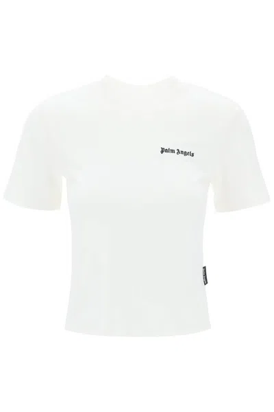 Palm Angels White Fitted Crewneck T-shirt With Emboridered Logo