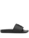 Palm Angels Rubberised Monogram Flat Slides In Black Black